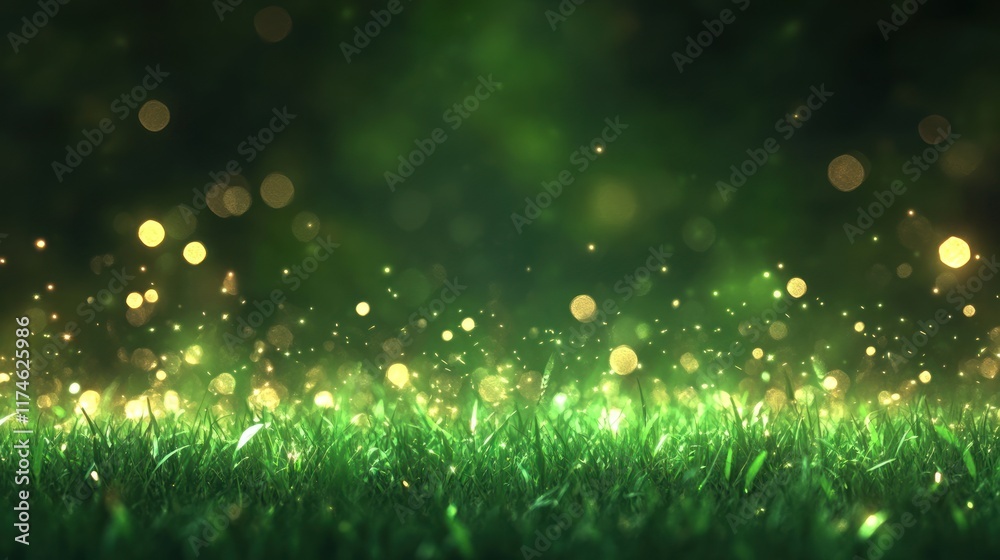 Naklejka premium Enchanting Green Meadow with Shimmering Lights