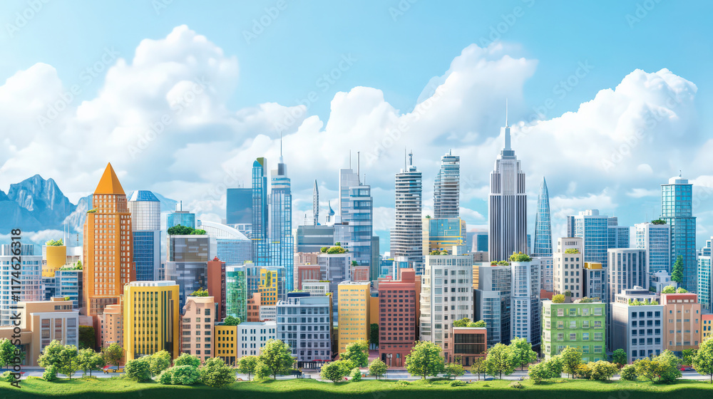 Fototapeta premium City skyline with urban buildings under blue sky shows peaceful urban view