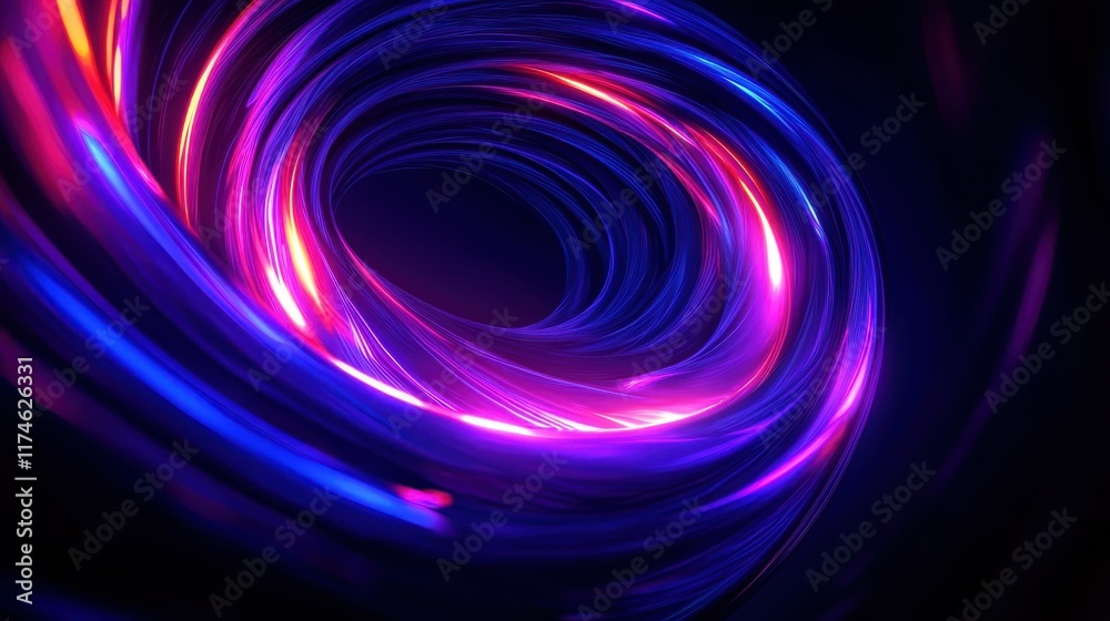 Naklejka premium Swirling neon spiral, vibrant rainbow colors, glowing energy vortex, abstract digital art, electric blue and purple hues, dynamic motion blur, cosmic whirlpool, dark background, luminous streaks, psyc