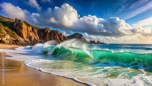 Dramatic Panoramic View of a Breaking Wave Crashing on Porthcurno Beach, Cornwall, UK photo