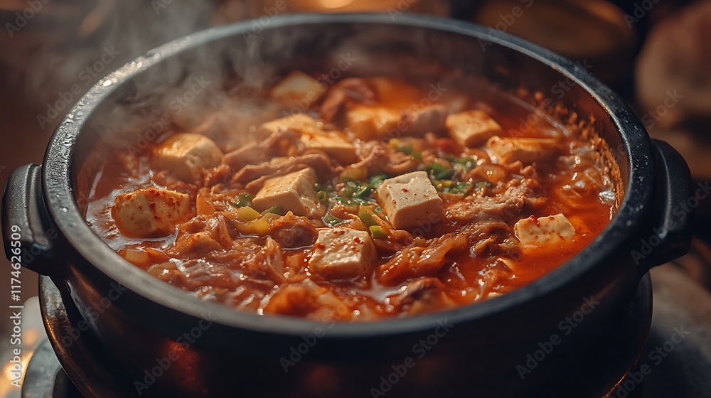 Steaming Kimchi Jjigae with Tofu in a Pot Steaming Kimchi Jjigae with Tofu in a Pot