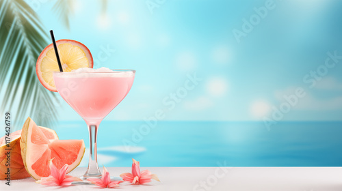 Tropical pink cocktail with grapefruit slice, flowers, and ocean view under palm leaves. Ai generative photo