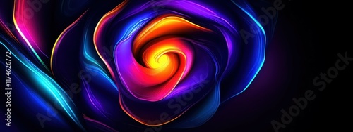 Swirling neon spiral, vibrant rainbow colors, glowing energy vortex, abstract digital art, electric blue and purple hues, dynamic motion blur, cosmic whirlpool, dark background, luminous streaks, psyc photo