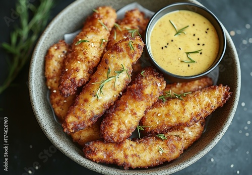 Fried Chicken Sticks with Spicy Dip, Flavored Seasoning and Aromatic Herbs, Appetizing Snack, Flavored Seasoning and Arom photo