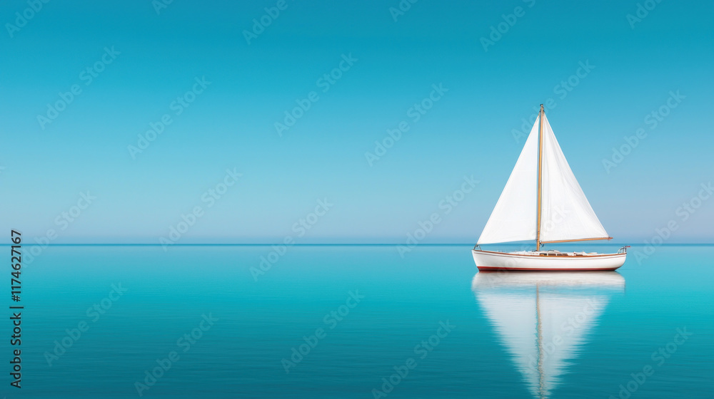 Obraz premium sailboat glides peacefully across tranquil ocean, reflecting serene blue sky and water. endless horizon creates sense of calm and freedom