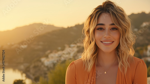 In warm glow of a summer sunset, a close-up view captures radiant smile of a young, elegant woman as she confidently strides with her stylish bag, exuding an air of sophistication and grace that perf  photo