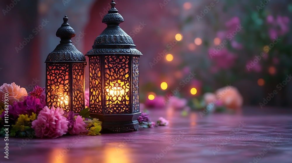 Fototapeta premium Illuminated Metal Lanterns with Colorful Flowers