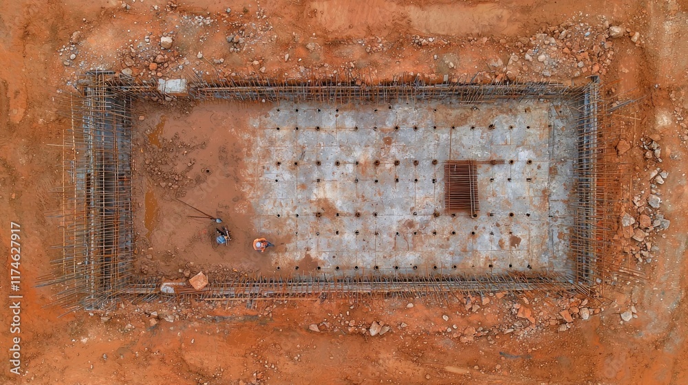 Aerial View of Construction Site: Foundation and Workers Aerial View of Construction Site: Foundation and Workers