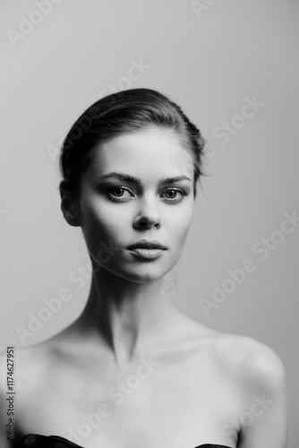 Black and white portrait of a young woman with an elegant hairstyle, expressing confidence and strength. Minimalistic background enhances her striking features.