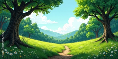 Fototapeta Naklejka Na Ścianę i Meble -  Serene Meadow Path Leading to Rolling Hills Under a Bright Summer Sky with Lush Green Foliage and Wildflowers