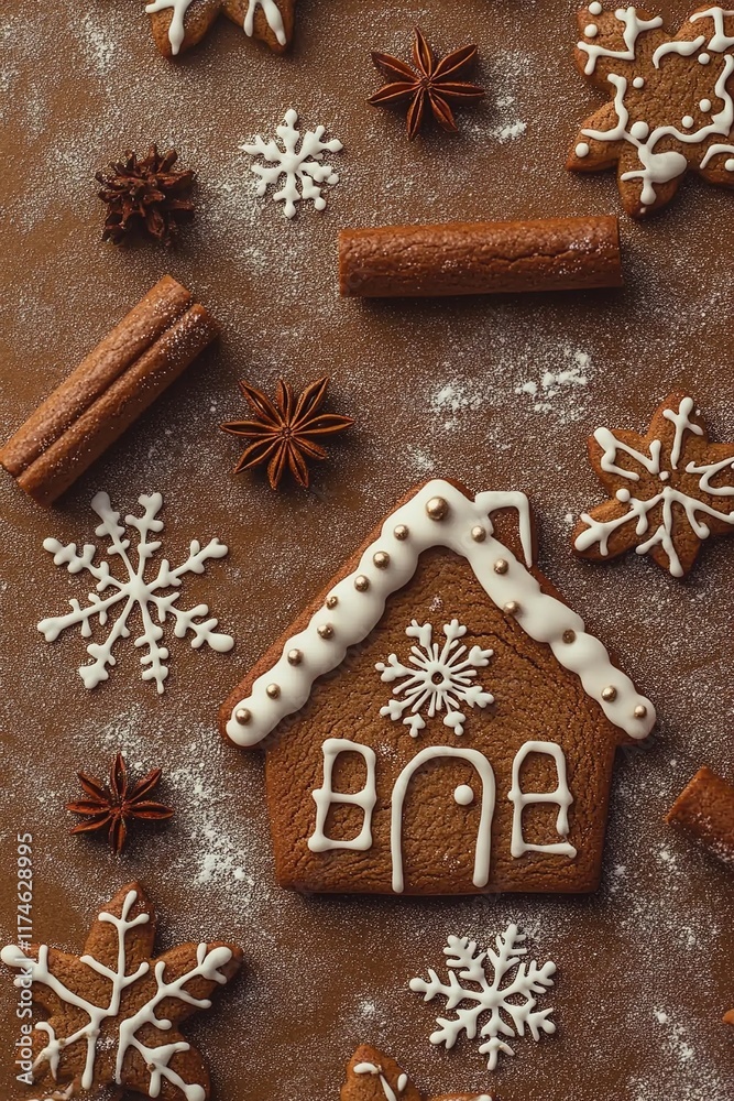 Stylish photo of gingerbread cookies in the shape of houses and snowflakes with white glaze, set on a brown fabric background and surrounded by cinnamon sticks and anise stars. Stylish photo of gingerbread cookies in the shape of houses and snowflakes with white glaze, set on a brown fabric background and surrounded by cinnamon sticks and anise stars.