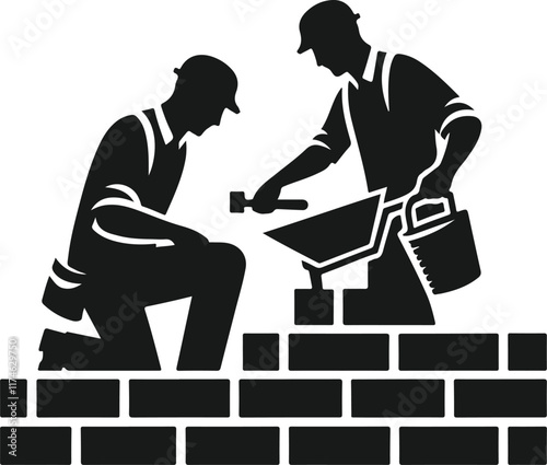 Silhouette image of two construction workers engaged in the process of building a brick wall.