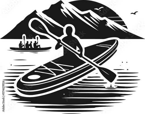 A captivating black and white illustration showcasing a person stand-up paddleboarding on a serene lake.