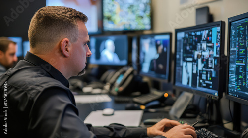 Man working on computer monitors in office