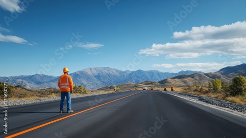 Construction Worker in Orange Vest Directing Traffic on Open Road Surrounded by Mountains on a Sunny Day