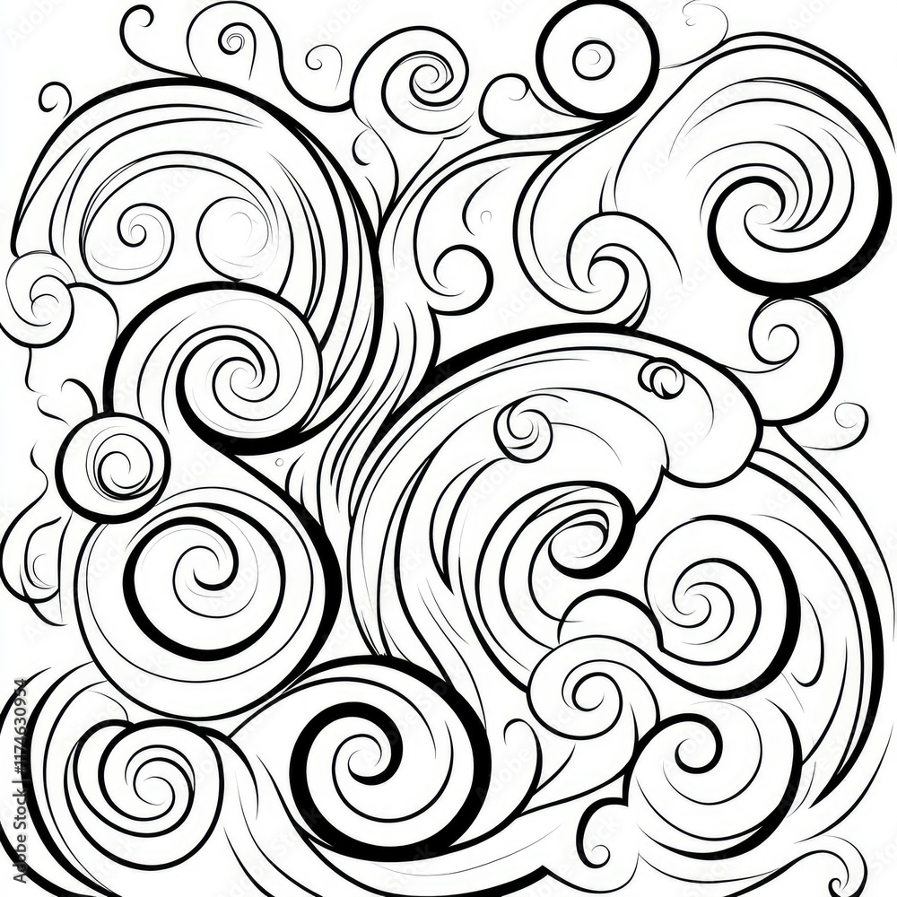 Abstract Swirling Wave Pattern - Black and White Line Art Design Abstract Swirling Wave Pattern - Black and White Line Art Design