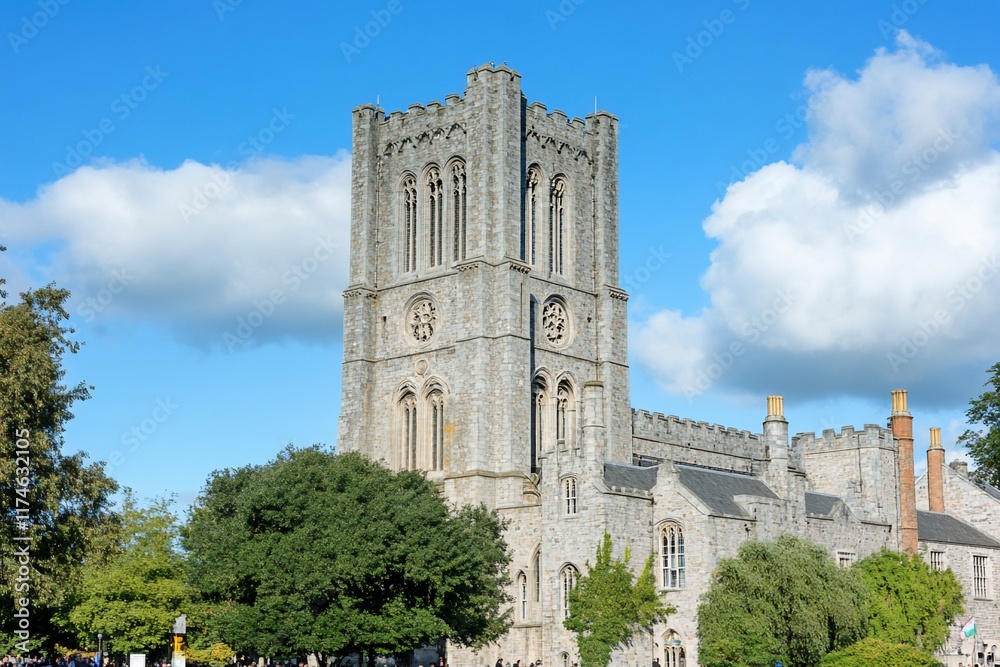 Church tower, sunny day, green trees, historical site, tourism Church tower, sunny day, green trees, historical site, tourism