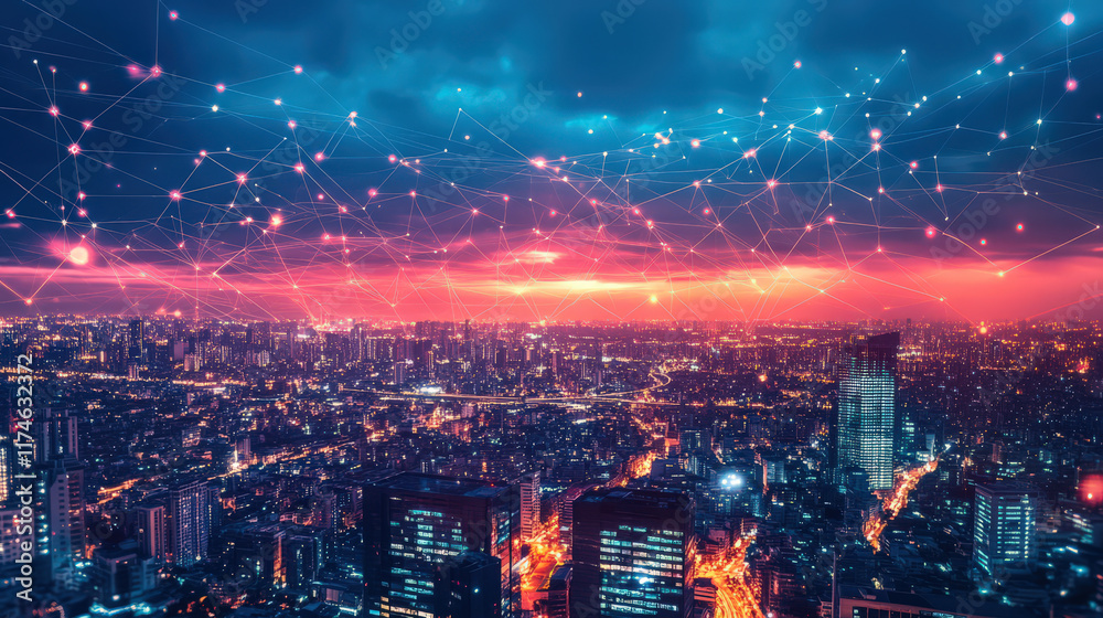 Fototapeta premium City skyline lights digital network connection technology