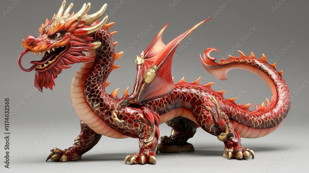 Obraz premium Majestic Ornate Dragon Sculpture with Red and Gold Details Celebrating Cultural Heritage