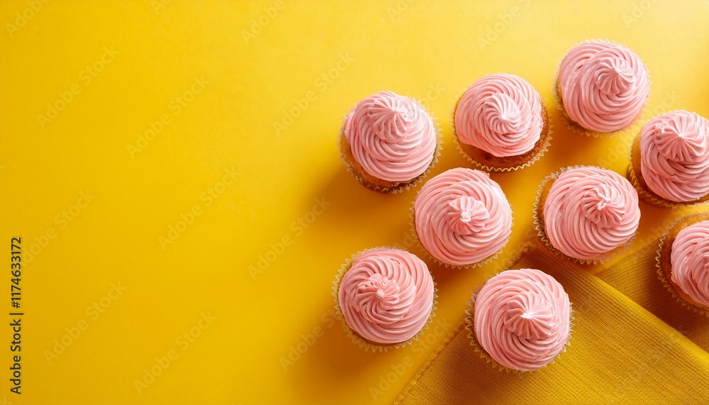 Delicious mini cupcakes with pink creamy frosting on yellow background Delicious mini cupcakes with pink creamy frosting on yellow background