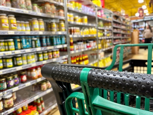 Obraz na plátně Closeup of black and green shopping cart in grocery store