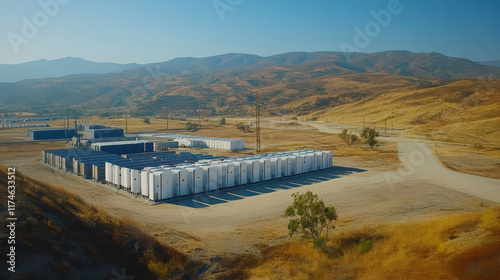 Large battery storage in desert landscape creates clean energy