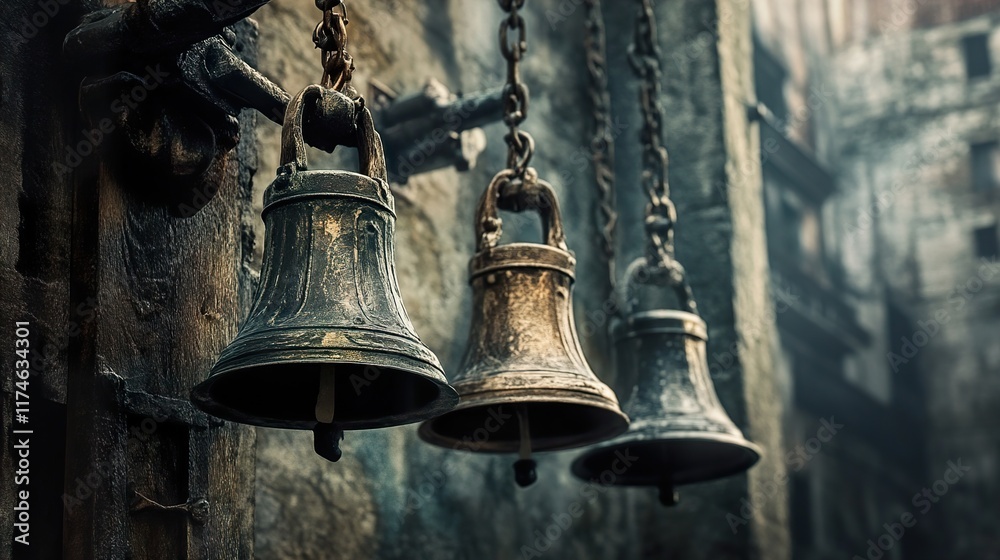 Fototapeta premium Ancient Bells Hanging in Old Temple