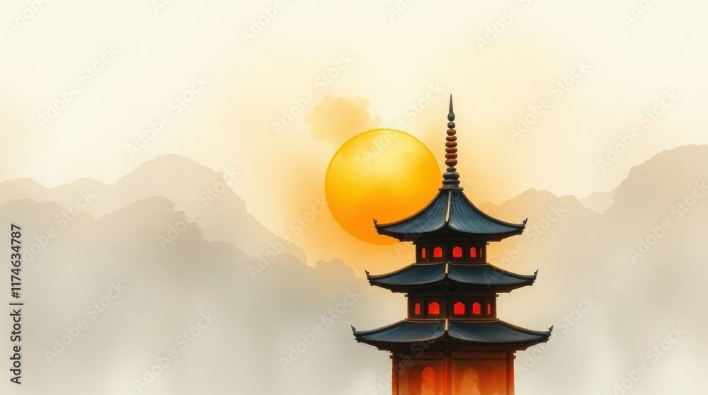 Sunrise Pagoda Mountain Mist Asian Art Design. Sunrise Pagoda Mountain Mist Asian Art Design.