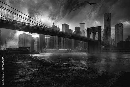 Lower Manhattan skyline and Brooklyn bridge in New York City with generative ai