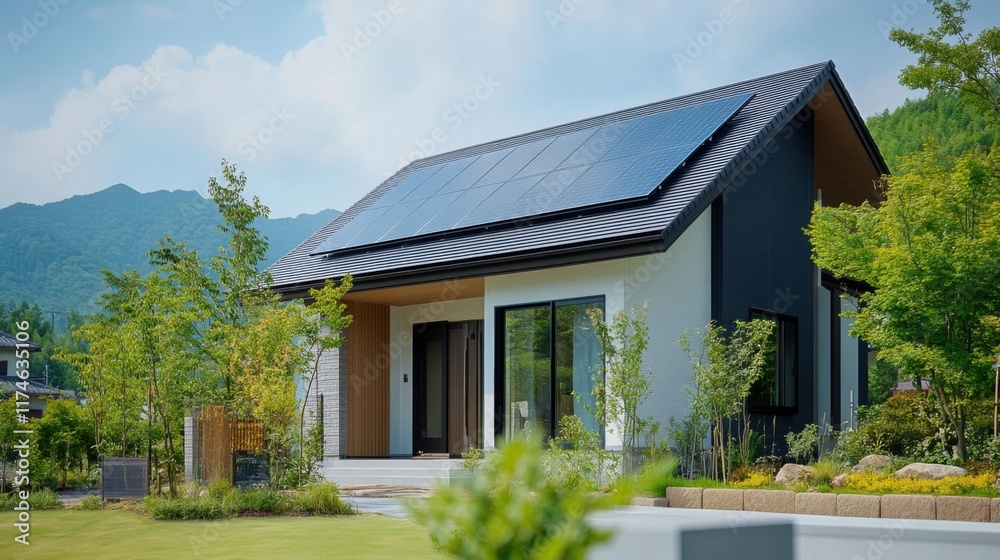 Modern house design with solar panels and beautiful landscape under a clear blue sky and mountains in background Modern house design with solar panels and beautiful landscape under a clear blue sky and mountains in background