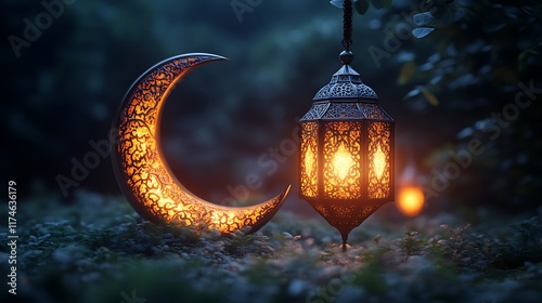 Illuminated Crescent Moon and Intricate Lantern in Night Setting photo