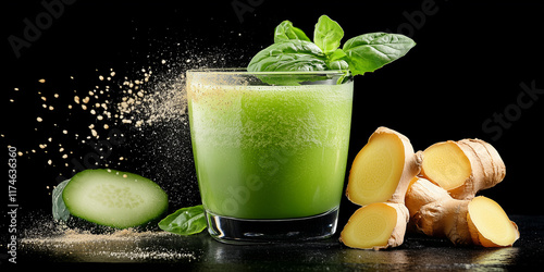 Ein leckerer grüner Smoothie mit Ingwer auf neutralen Hintergrund, gesunde Ernährung, Vitamine, Sport photo