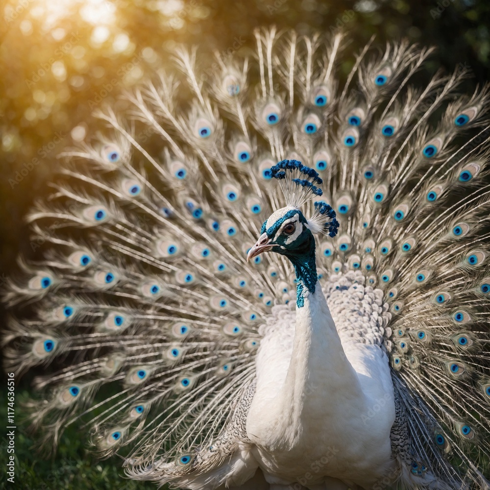Obraz premium A white peacock with its tail fully fanned against a bright background.