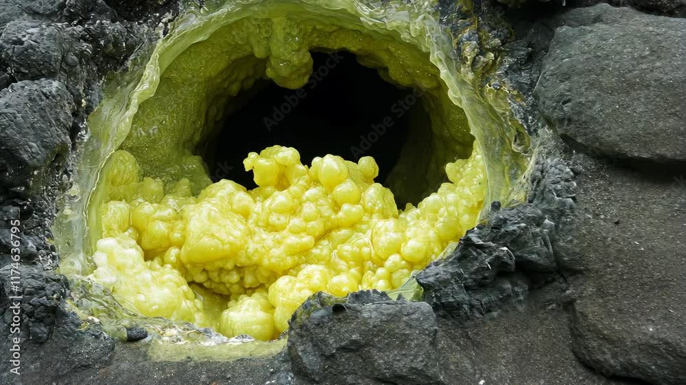 Bubbling sulfur vent releases bright yellow gas from volcanic rock in natural landscape