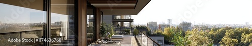 Cityscape View from Modern Balcony: A stunning panoramic view of a vibrant cityscape unfolds from a contemporary balcony, showcasing sleek architectural design and lush greenery.