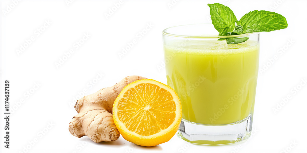 Fototapeta premium Ein leckerer grüner Smoothie mit Ingwer auf neutralen Hintergrund