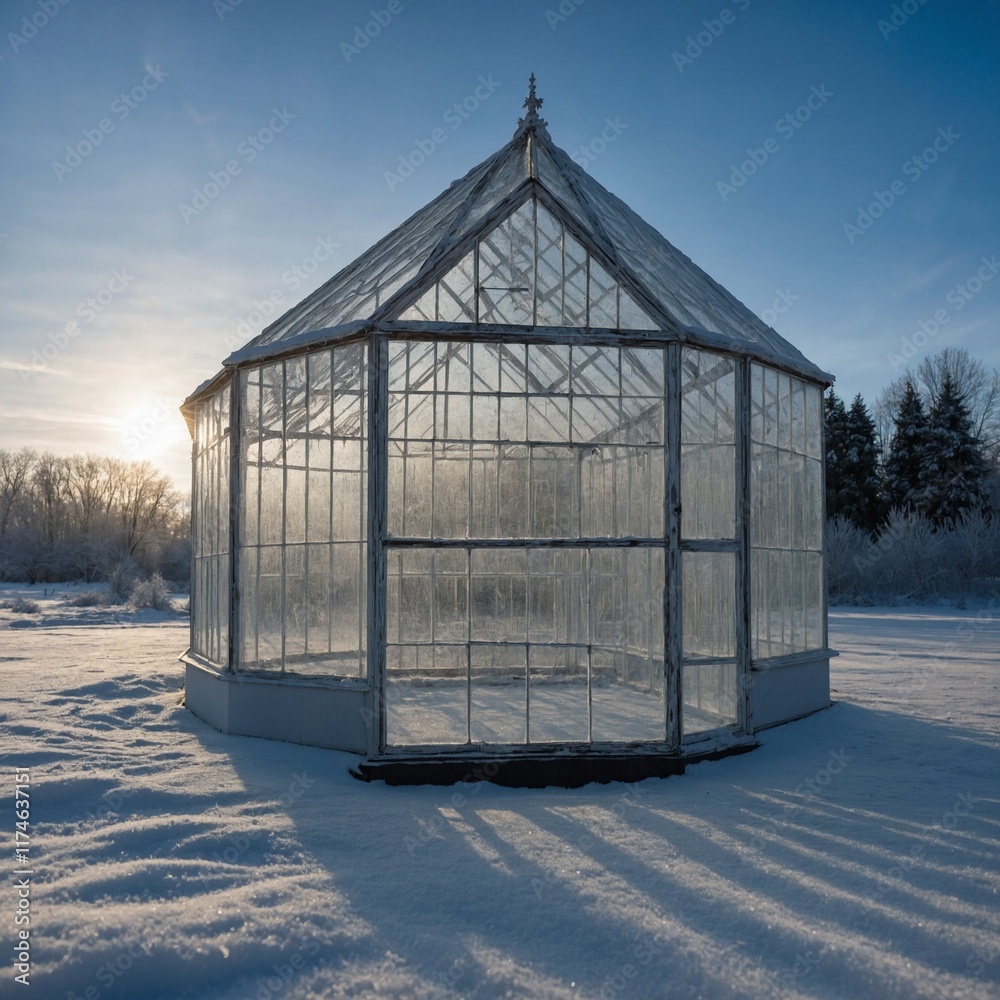 Frost tracing the outlines of a glass greenhouse in the snow. Frost tracing the outlines of a glass greenhouse in the snow.