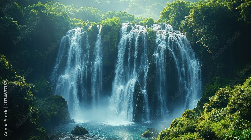 Majestic waterfall cascading down mossy rocks into a tranquil pool, surrounded by lush green foliage. Majestic waterfall cascading down mossy rocks into a tranquil pool, surrounded by lush green foliage.
