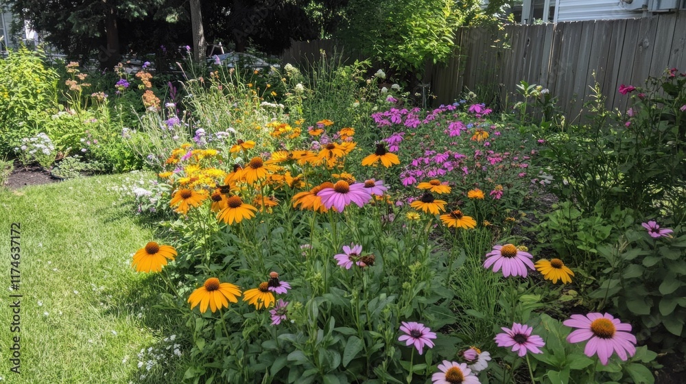 Fototapeta premium A Vibrant Garden With Yellow and Pink Flowers