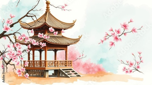 Tranquil Asian pagoda amidst blossoming magnolia trees.