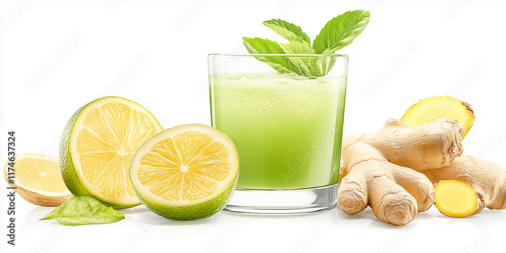Fototapeta premium Ein leckerer grüner Smoothie mit Ingwer auf neutralen Hintergrund