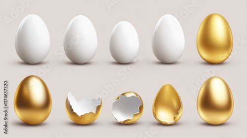Realistic eggs. White egg and broken shell, golden silver bronze easter hunting elements. Farm product set