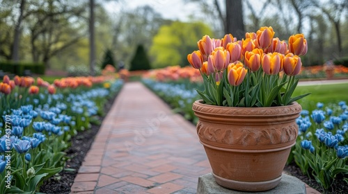 Terracotta pot of orange and pink tulips sits on a brick pathway amidst rows of blue and orange tulips in a garden.