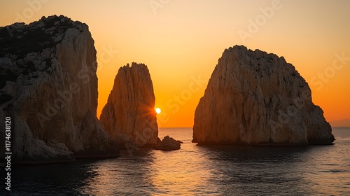Sunset Between Coastal Cliffs Ocean View