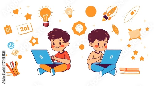 Two boys learning online, surrounded by educational icons.  For educational websites.