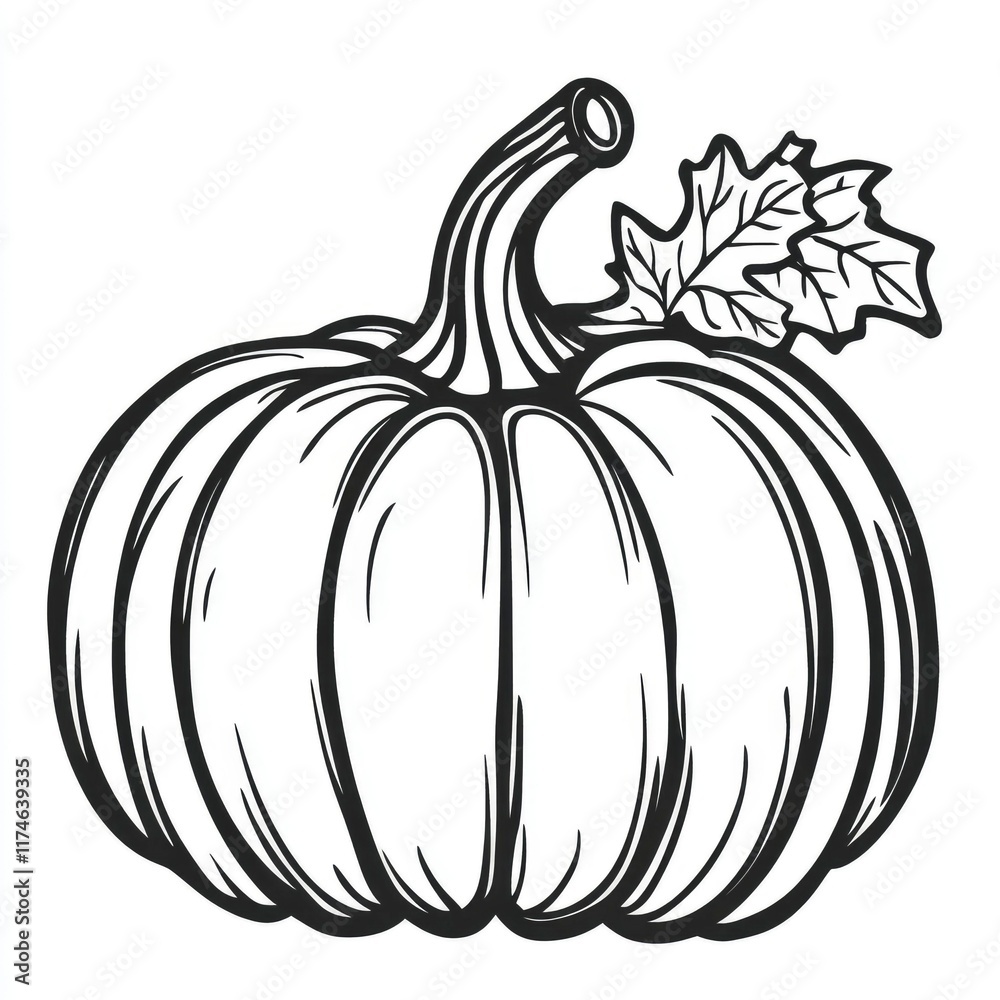 Hand-Drawn Line Art Illustration of a Single Pumpkin with Leaf Hand-Drawn Line Art Illustration of a Single Pumpkin with Leaf