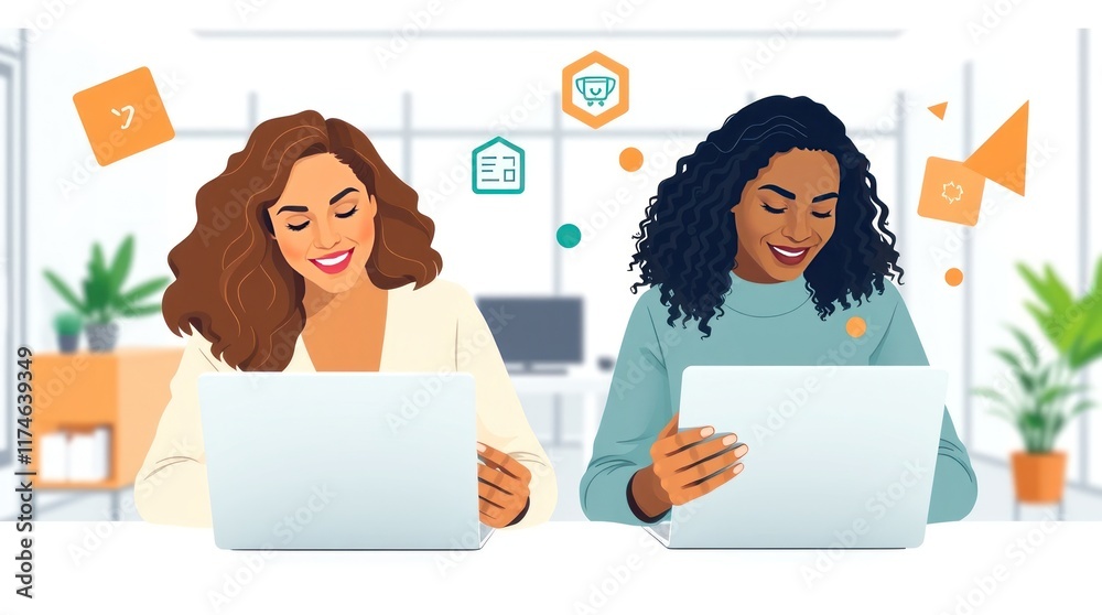 Diverse women collaborate on laptops in modern office. Diverse women collaborate on laptops in modern office.