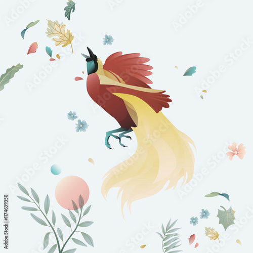 PrintAn illustration of Lesser Bird of Paradise (Paradisaea minor) or Cendrawasih Kecil in Bahasa Indonesia, a magnificent bird species found in the forests of Eastern Indonesia and Papua New Guinea.