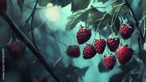 Juicy Raspberries on the Bush: A Close-Up View photo