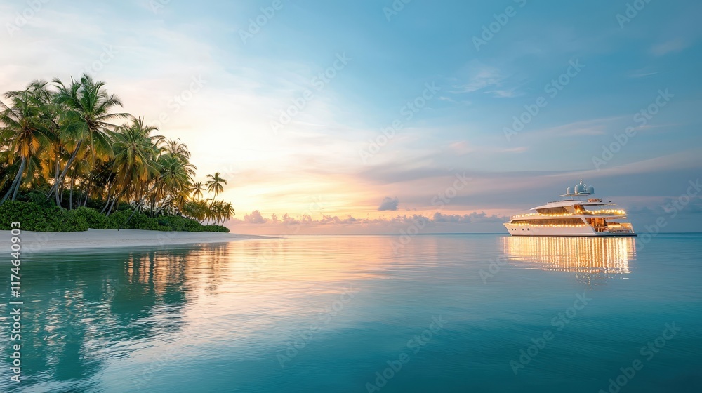 A large boat is sailing in the ocean near a beach A large boat is sailing in the ocean near a beach